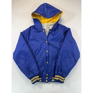 DeLong Hooded Quilted Jacket XS Blue Yellow Snap Front Vintage Athletic